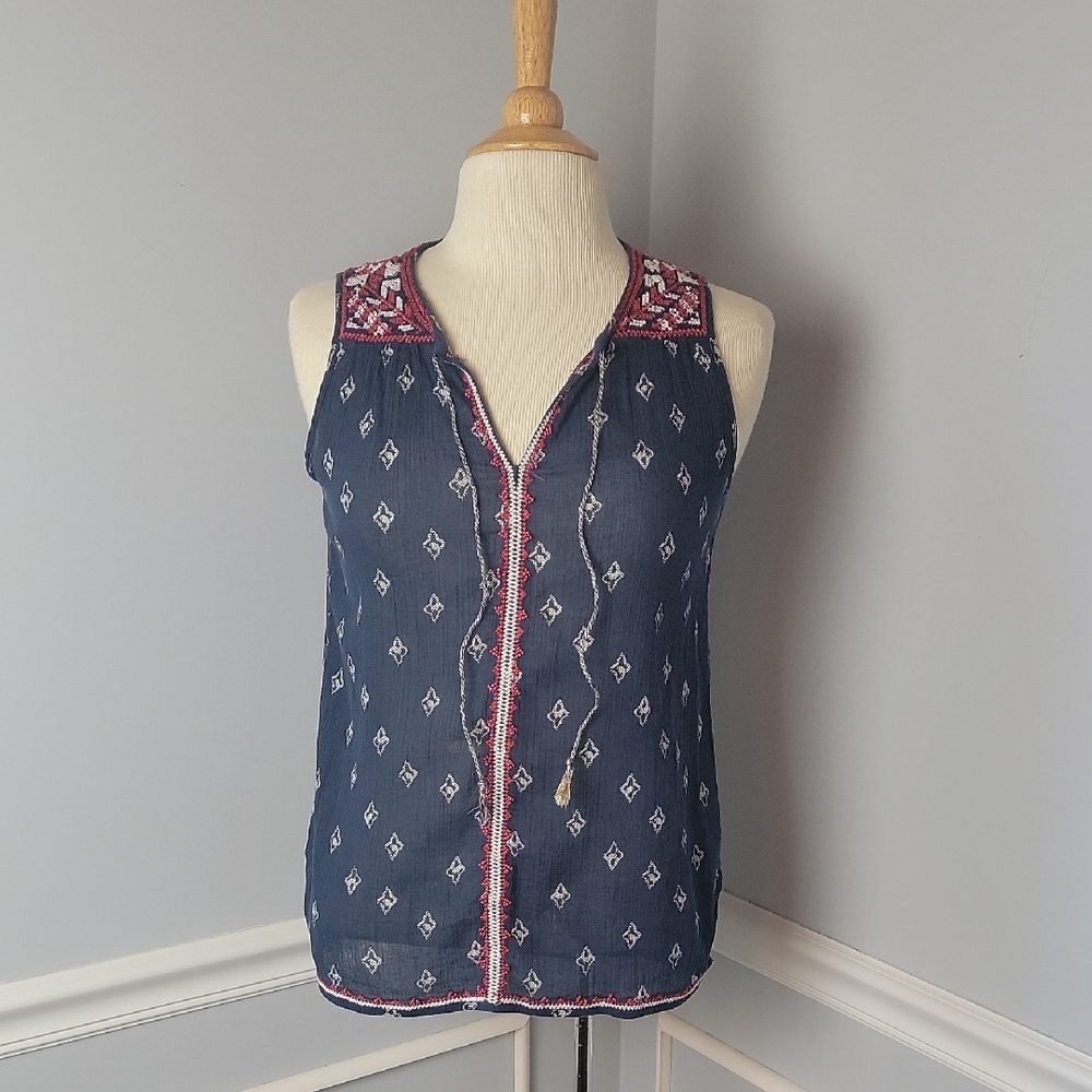 LUCKY BRAND Navy Blue Gauze Embroidered Boho Southwestern Sleeveless Tank Top XS